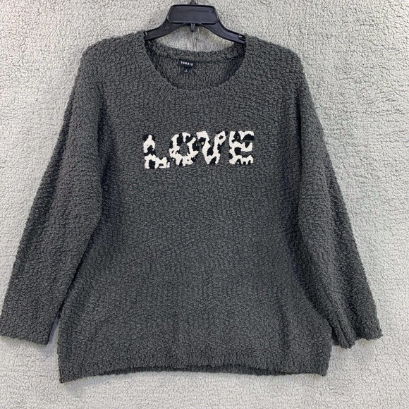 Torrid Sweater Teddy Bear Crew Neck Drop Shoulder "Love" Grey 2 2X 18/20 #B81777 - Picture 2 of 10